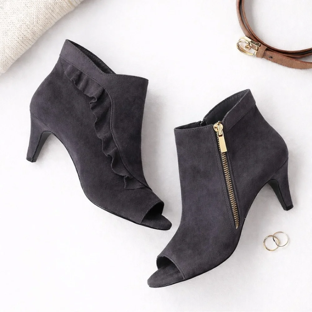 Bella Vita Black “Suede” Peep Toe Booties Side Zip Ruffle 8.5W Bella Vita NWOB